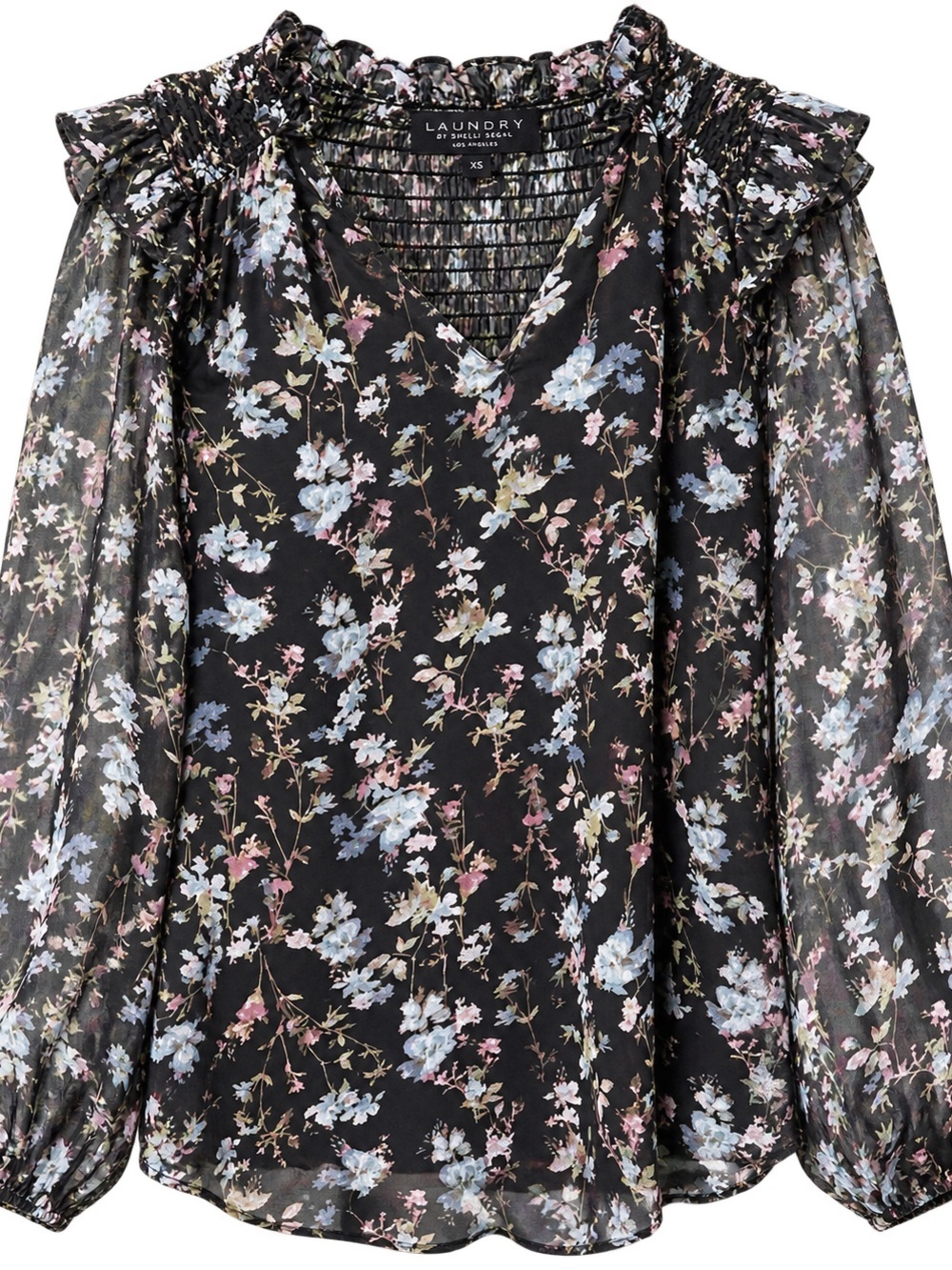 Laundry By Shelli Segal Black Floral V-Neck Ruffle Blouse with Pastel Blooms